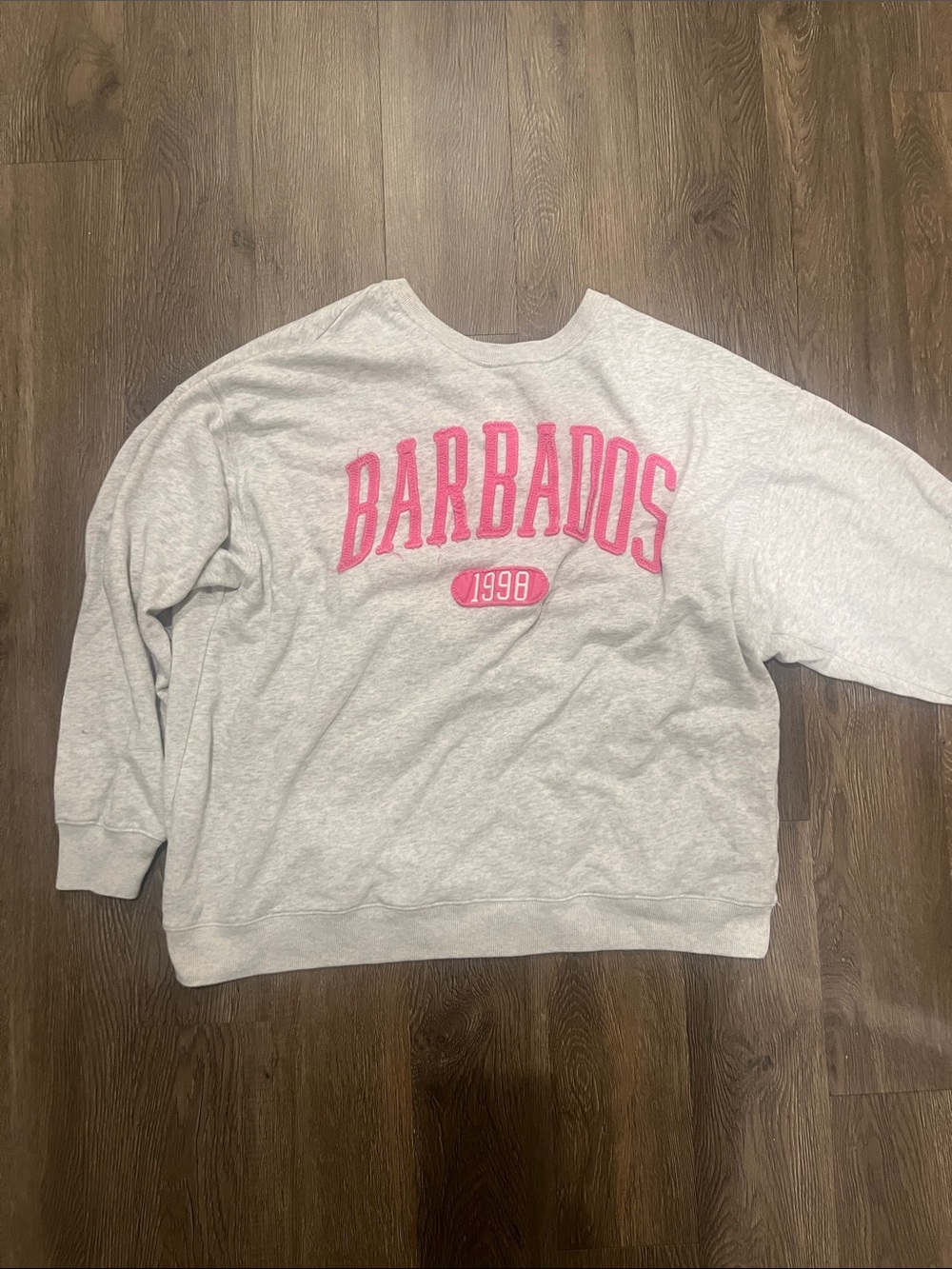 Hollister Light Gray Crewneck Sweatshirt with Pink 'BARBADOS' Logo